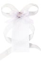 White woven gift tag with grey ribbon bow