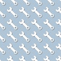 White wrench icon, tools on pale blue background, seamless pattern. Paper cut style with drop shadows and highligts