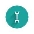 White Wrench spanner icon isolated with long shadow. Green circle button. Vector