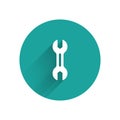 White Wrench spanner icon isolated with long shadow. Green circle button. Vector