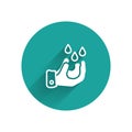 White Wudhu icon isolated with long shadow background. Muslim man doing ablution. Green circle button. Vector