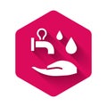 White Wudhu icon isolated with long shadow background. Muslim man doing ablution. Pink hexagon button. Vector