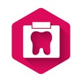 White X-ray of tooth icon isolated with long shadow. Dental x-ray. Radiology image. Pink hexagon button. Vector