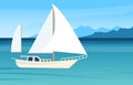 White yacht in blue sea and mountain, nature travel landscape. Ocean adventures, flat ship or boat in water. Rest and