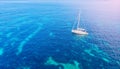 White yacht coral reef in Beautiful bay sea. Aerial top view Royalty Free Stock Photo