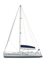 White yacht model with blue sail isolated on white background. Side view. 3D. Vector illustration