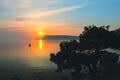 white yacht with sail at sunset. Crimea.