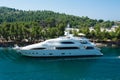 White yacht sailing sailing near the shore. boat in nature