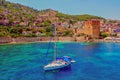 White yacht in the sea bay. Harbor of the Red Tower Alanya, Turkey