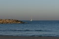 White yacht at sea in the early morning - romantic vacation concept,