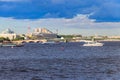 White yacht and tourist boats sailing on the Neva river in St. Petersburg, Russia Royalty Free Stock Photo