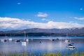 White yachts, blue sky and blue clear water Grand Lake. Fishing in the rocky mountains Royalty Free Stock Photo