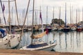 White yachts in sea harbor of Kemer, Antalya province in Turkey. Kemer Marina on the Mediterranean sea