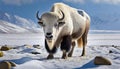 White Yak Standing in Snowy Mountain Landscape Under Clear Blue Sky Royalty Free Stock Photo