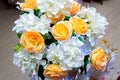 White and yellow artificial paper flowers vase. Royalty Free Stock Photo