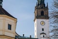 White and yellow baroque St. Stephens Cathedral at Dome Square, Church with observation bell clock tower at Dome hill, sunny day,