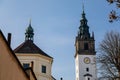 White and yellow baroque St. Stephens Cathedral at Dome Square, Church with observation bell clock tower at Dome hill, sunny day,