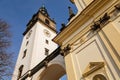 White and yellow baroque St. Stephens Cathedral at Dome Square, Church with observation bell clock tower at Dome hill, sunny day,