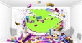 White, yellow, blue and red brick wall exploding inside a room with white walls and floor on chroma key background. 3D