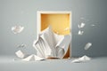 white and yellow box frame and flying torn sheets of paper on white backgrounnd. AI Generated Royalty Free Stock Photo