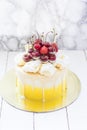 White and yellow colored cake with melted chocolate and fresh cherries on top Royalty Free Stock Photo