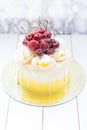 White and yellow colored cake with melted chocolate and fresh cherries on top Royalty Free Stock Photo