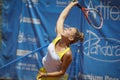 White yellow dress tennis woman serve