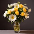 Beautiful Glass Vase With Yellow Roses And White Daisys