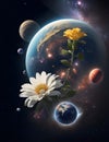 White and yellow flowers bloom amidst the planets and the backdrop of the world