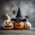White and yellow ghost pumpkins with witch hat Royalty Free Stock Photo
