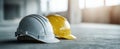 The white and yellow hard hats shining in construction site environment. AI generated image Royalty Free Stock Photo