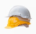 White and yellow hard safety helmet hat for safety project of engineer and worker Royalty Free Stock Photo