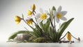 white and yellow irises on white background