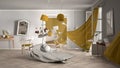 White and yellow living room, home chaos concept with chairs and table, windows and curtains, broken vase, furniture and other