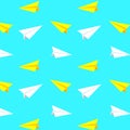 White and yellow paper planes vector pattern, background