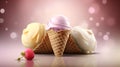 White, yellow and Pinkberry Ice cream in the cone with abstract light purple background. Ice cream summer baclground. Generative Royalty Free Stock Photo