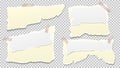 White and yellow ripped, torn note, notebook paper strips, stuck with sticky tape on squared grey background. Vector