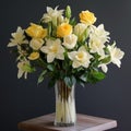 White And Yellow Rose Columbine Arrangement In A Stylish Glass Vase