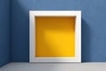 White yellow Square empty frame mockup in Bauhaus style on blue wall background and light gray floor. Minimal style. Colorful Royalty Free Stock Photo