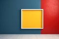 White yellow Square frame mockup in Bauhaus style on empty blue red wall background and light concrete gray floor. Minimal style. Royalty Free Stock Photo