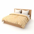 White And Yellow Stripe Bed With Wooden Headboard - 3d Monochromatic Depth