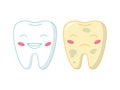 White and yellow tooth. Cartoon teeth characters before and after whitening. Happy healthy and sad bad molars with funny