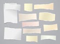 White and yellow torn note, notebook paper stripes are on grey background for text, advertising or design. Vector