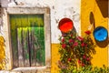 White Yellow Wall Green Door Mediieval City Obidos Portugal Royalty Free Stock Photo