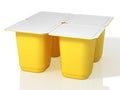 White yoghurt cup with foil lid. 3D Illustration.Four yellow plastic cups for yoghurt with foil lid. 3D Illustration.