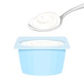 White yogurt in plastic container and in spoon isolated on white background. Vector illustration of dairy product