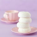 White zephyr dessrt on pink plate, cup of coffee with milk on pastel violet background. Beautiful sweets. Square banner, greeting Royalty Free Stock Photo