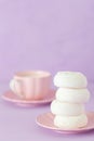 White zephyr dessrt on pink plate, cup of coffee with milk on pastel violet background. Beautiful sweets. Vertical banner, greetin Royalty Free Stock Photo