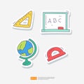 Whiteboard, Earth Globe, Triangle and Arc Ruler. School and Study Doodle Sticker Icon Set Vector Illustration Royalty Free Stock Photo