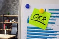 Whiteboard with financial report and OKR Objectives and Key Results sticker. Royalty Free Stock Photo